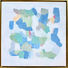 Load image into Gallery viewer, An original coastal inspired abstract painting with shades of blue, green ,gray, tan, and red. This is a square painting with a gold float frame.