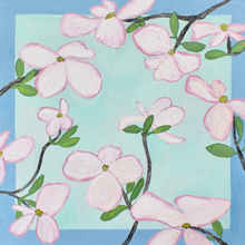 Load image into Gallery viewer, Original abstract floral painting titled "Dogwood" by Jeanne Player, featuring oversized light pink dogwood flowers with darker pink edges, green leaves on brown, gray, and black stems, and a background with a blue edge and light green center. The 36 x 36 inch acrylic painting is on gallery-wrapped canvas with a whimsical, sophisticated style and soft colors of pink, lilac, blue, green, and gray. Colorful Pink Flower Wall Art.