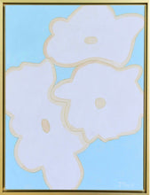 Load image into Gallery viewer, A bold modern artwork on canvas. This vertical floral painting has shades of blue, white and tan on canvas. It is a vertical floral painting with 3 flower shapes. It is an original work of art signed by the artist on the front.