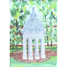 Load image into Gallery viewer, ECU Acrylic Block Art Print is a vertical painting of the ECU Copula on East Carolinas campus. This painting has shades of green, blue, brown, white and gray. It is a vertical free-standing acrylilc block shelf sitter.
