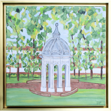Load image into Gallery viewer, ECU Cupola is an original artwork on canvas. This square painting has shades of gray, brown, green, blue, white and yellow. It features the East Carolina University Cupola on a grassy quad with the brick pathway. In the background are trees and a university building.