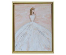 Load image into Gallery viewer, Lilly is an original figurative artwork on canvas. This colorful painting has a female figure in white ball gown. She has brown hair. The background has shades of pink and white. This vertical painting comes in a gold float frame.