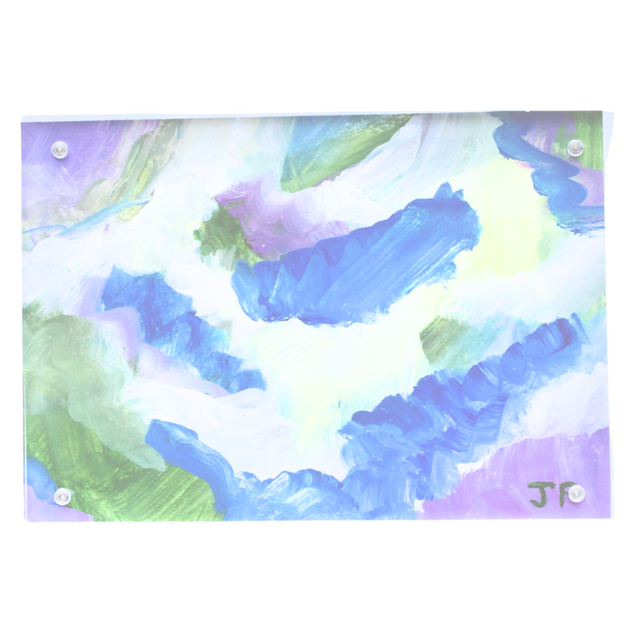 A small colorful abstract paining on paper in an acrylic frame. This painting has shades of blue, green, purple, yellow and white. 