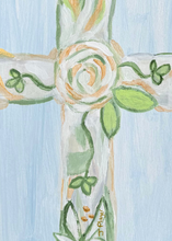 Load image into Gallery viewer, The Faith Cross Print is an abstract floral design on a cross. It has shades of green, white, tan and gold. The background is a light blue. This is a vertical print on paper.