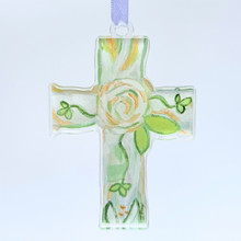 Load image into Gallery viewer, This is the faith cross, it has a green, white and gold floral design, a cross cut out shape, made for high quality acrylic. it is lighweight and shatterproof. It comes with a satin ribbon.
