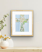 Load image into Gallery viewer, beautiful modern Christian cross art print. This is a vertical print on paper. It has neutral colors on a blue background..