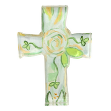 Load image into Gallery viewer, The faith cross is an abstract floral Christian Cross with shades of green, white and gold. It is a free standing block made of thick acrylic and paper and measures 5 x 7 inches.