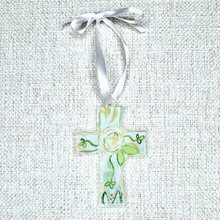 Load image into Gallery viewer, Decorative green and white Christian cross Ornament with floral design, a cut out shape of a cross, with shades of green white and gold.  This ornament comes with a white satin ribbon for hanging.