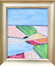 Load image into Gallery viewer, Abstract landscape painting on cavnas. This colorful painting has shades of blue, green, white, black, tan, yellow, red and orange. It is vertical and comes in a champagne gold frame.