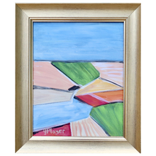 Load image into Gallery viewer, Abstract landscape painting on cavnas. This colorful painting has shades of blue, green, white, black, tan, yellow, red and orange. It is vertical and comes in a champagne gold frame.