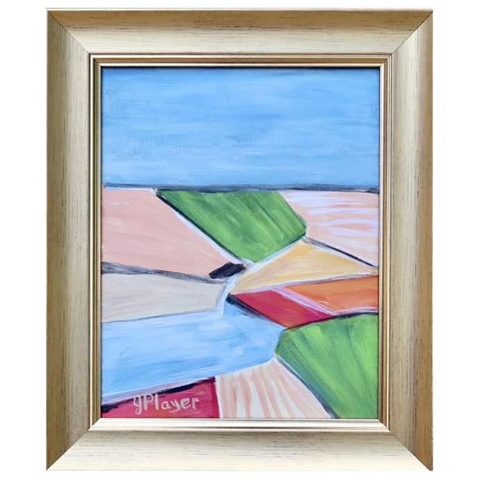 Abstract landscape painting on cavnas. This colorful painting has shades of blue, green, white, black, tan, yellow, red and orange. It is vertical and comes in a champagne gold frame.