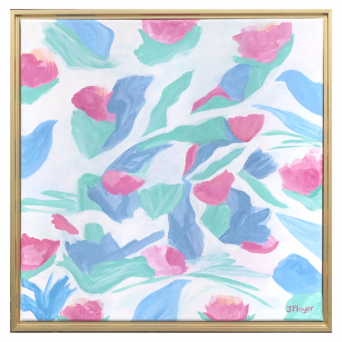 Flight of Fancy is an original work of art that has 5 birds hidden within the painting. If you look closely you can see them.This colorful abstract painting has shades of blue, green white pink, coral and red. It is signed by the artist on the front and comes in a gold float frame.