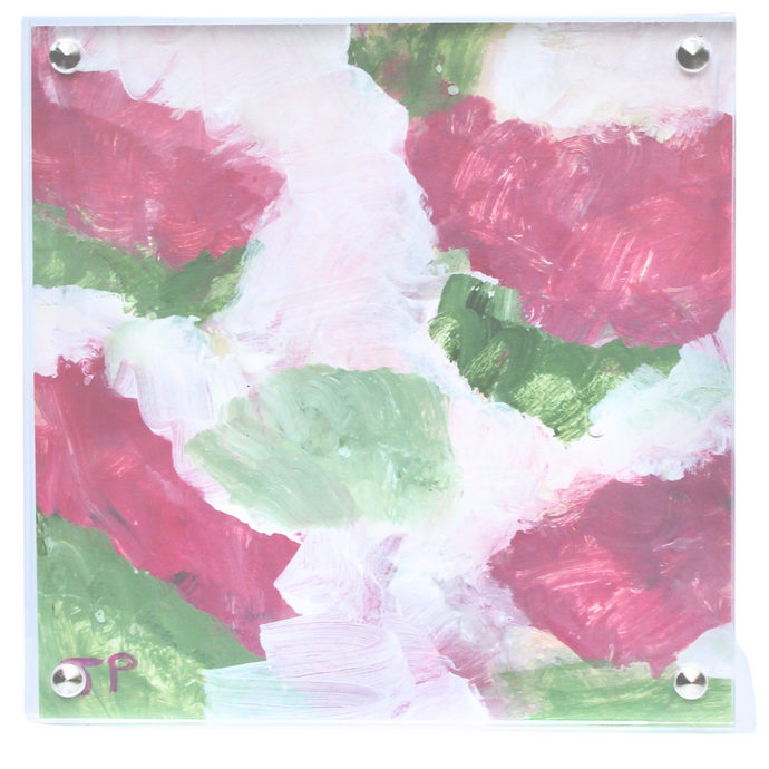 This is a colorful floral abstract mini painting on paper. It has shades of pink, red and green on a white background. It is square and is displayed in a magnetic float frame.