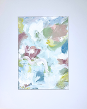 Load image into Gallery viewer, Original 5x7 abstract painting in shades of blue, green, teal, pink, blush, white, and navy. Artwork shown matted to 8x10, displayed horizontally on paper—modern, colorful, and ready to frame.