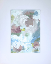 Load image into Gallery viewer, Garden Whispers I, a muted abstract painting on paper with soft shades of white, blue, rose, yellow, green, mauve, and navy. The 5x7 artwork comes matted to 8x10 and ready to frame or display.
