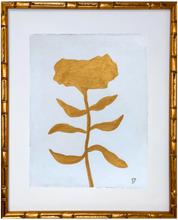 Load image into Gallery viewer, Modern gold floral artwork with a simplified botanical stem painted in soft metallic gold on white paper, elegant and contemporary home decor in a gold bamboo frame on a white mat.