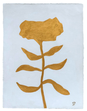 Load image into Gallery viewer, Minimalist gold botanical painting on textured white paper, featuring a single abstract flower silhouette in warm metallic gold, modern and timeless wall art.