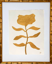 Load image into Gallery viewer, Original gold floral artwork on a white background in a gold bamboo frame.