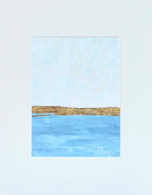 Load image into Gallery viewer, Golden Blue is an abstract mixed media painting on paper. This artwork has blue, white and gold leaf. it is vertical and comes in a white mat. It can be used in modern, tradtional, coastal decor.