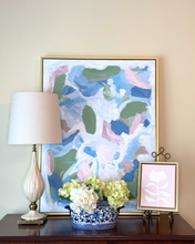 Load image into Gallery viewer, Decorative setup with abstract art, lamp, and floral arrangement on a table.