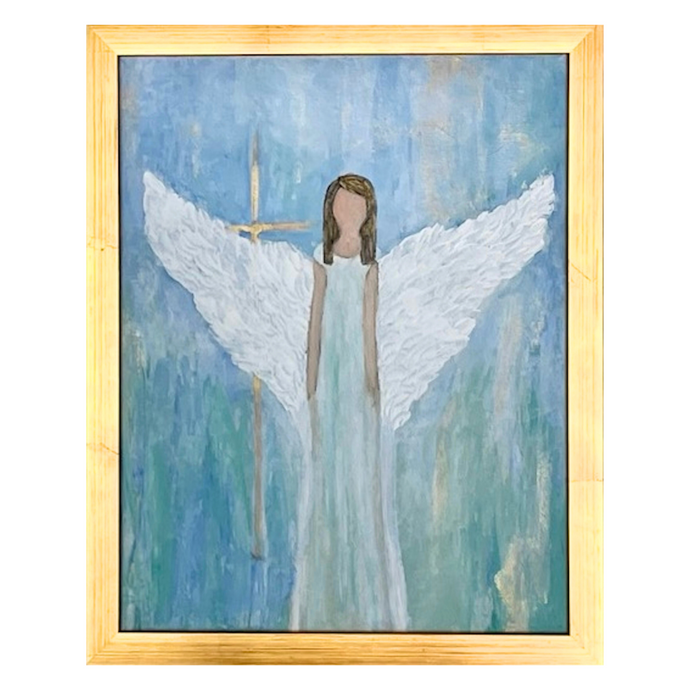 Guardian Angel is an abstract angel on canvas. This angel has on a blue green dress with her arms down. The white wings have lots of texture and are pointing up. There is a gold cross in the background. The background color of the artwork also has shades of blue, green, white and gold. It is an original painting and is vertical. It has a gold frame.