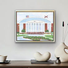 Load image into Gallery viewer, Original University of Alabama painting of Coleman Coliseum with soft blue tones, greenery, and iconic arena entrance designed for Crimson Tide alumni and sports fans.