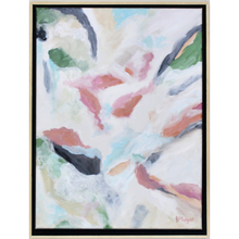 Load image into Gallery viewer, Harmony is an abstract painting on canvas. This colorful painting has boho vibes with shades or coral, peach, green, aqua, blue, black, tan, and gray on a white background. It is in a natural float frame and is a vertical painting. It is signed J Player on the front by the artist.

