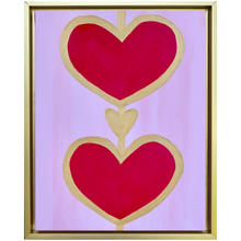 Load image into Gallery viewer, Heart Art on Canvas. Red Hearts outlined in gold on a pink background. Vertical Art on Canvas measuring 11 x 14 inches in a gold float frame.  Modern Heart Art. Pop Heart Art. Trending hearts.

