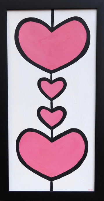 Pink Hearts on Canvas outlined in black on a white background. There are 2 large hearts and 2 smaller ones. This is a vertical painting and is a black frame. Each heart can represent a family member. With this painting it would be a family of four.
