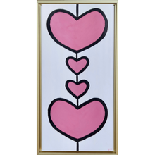 Load image into Gallery viewer, Pink Hearts on Canvas outlined in black on a white background. There are 2 large hearts and 2 smaller ones. This is a vertical painting and is a gold float frame. Each heart can represent a family member. With this painting it would be a family of four.
