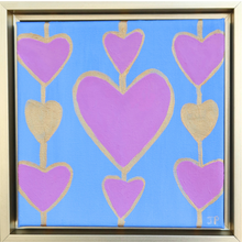 Load image into Gallery viewer, Bold heart art on canvas. Seven fuchsia hearts oulined in gold and two gold hearts appear in 3 rows.  This original work of art is square and in a gold float frame.
