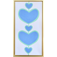 Load image into Gallery viewer, Bold Heart Classic Art. This colorful painting on canvas has 2 large blue hearts outlined in green with three smaller blue hearts  outlined in green on a white canvas. This is a modern and contemporary style painting. It  is vertical and comes in a gold float frame.
