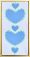 Load image into Gallery viewer, Bold Heart Classic Art. This colorful painting on canvas has 2 large blue hearts outlined in green with three smaller blue hearts outlined in green on a white canvas. This is a modern and contemporary style painting. It is vertical and comes in a gold float frame.