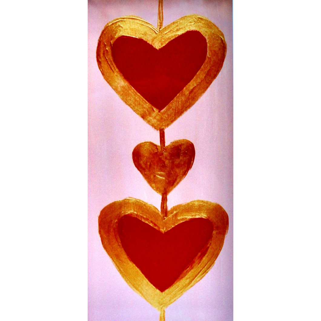 Heart Art Free Standing Acrylic block with 2 red hearts on a pink background and a gold heart in between. They are outlined in gold and have a gold line connecting them.