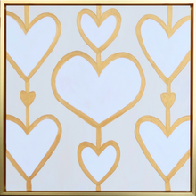 Load image into Gallery viewer, Bold Hearts on square canvas The hearts are white and are outlined in gold. They are connected by a gold line. There are three rows of hearts on a cream background. This painting is in a gold float frame.
