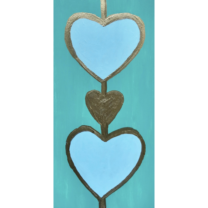 An original heart art painting. This painting has two blue hearts outlined in gold with a gold heart between them on a green background. It is a vertical painting.