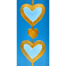 Load image into Gallery viewer, Two light blue hearts outtlined in gold on a dark blue backgournd. There is one gold hear between them on this original piece of art. It is a small vertical painting. This is an original Heart art painting.
