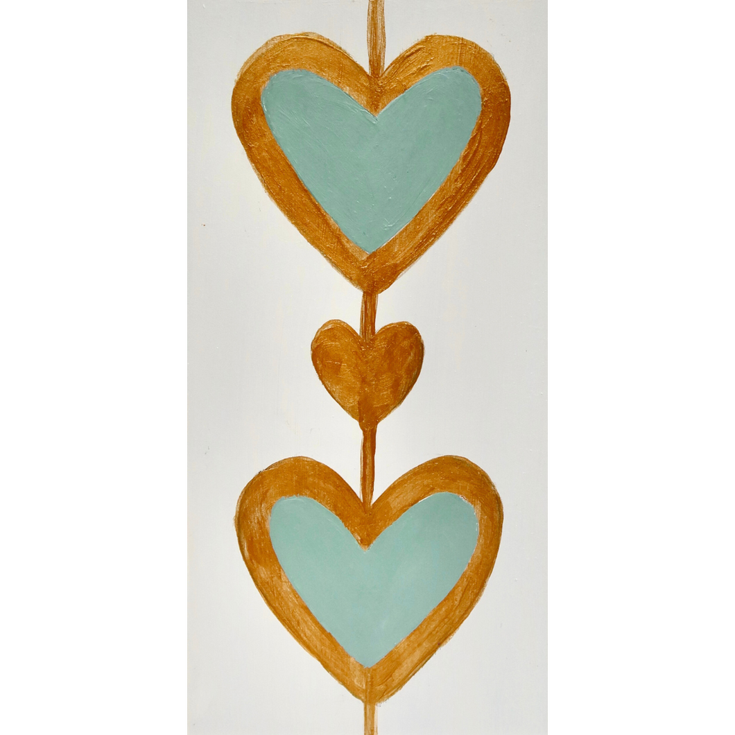 Bold Heart Original Art. This small vertical painting has two green hearts outlined in gold with a gold heart between them. It is on a white background with gold sides. heart art painting original