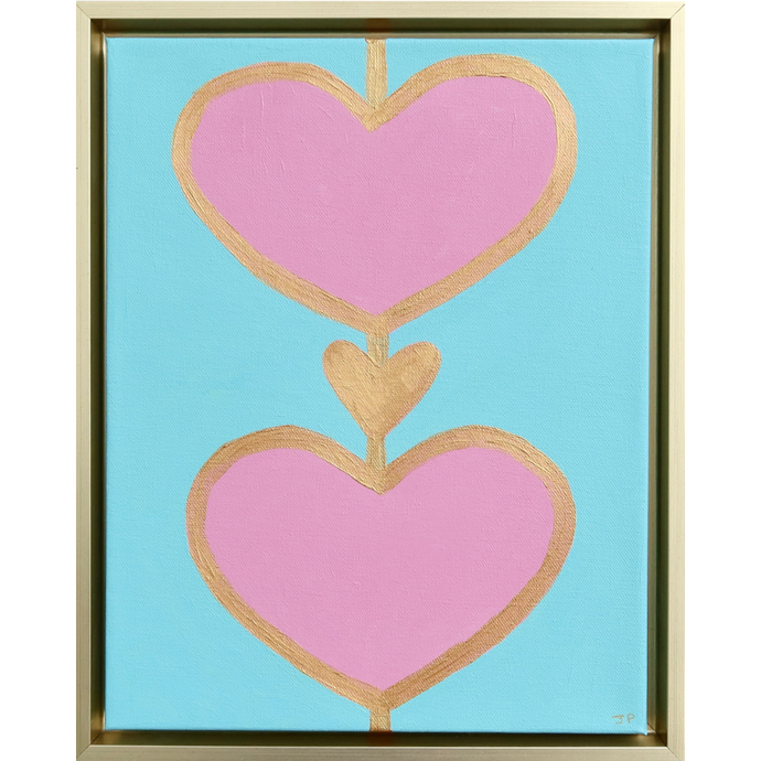 Original Heart Painting on Canvas. Pink hearts outlined in gold on a teal background. This is a veritical painting measuring 11 x 14 inches and comes in a gold float frame. Modern style hearts. Original Heart Pop Art painting on Canvas.
