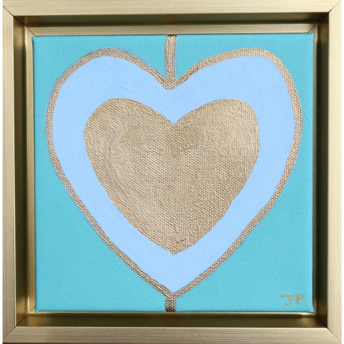 Original Heart Art on Canvas. Gold and blue hearts on a green background in a square gold frame. This is a modern style heart paintng. Colorful and happy heart art.