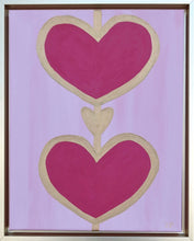 Load image into Gallery viewer, Heart Art on Canvas with Two Red Hearts on the top and bottom and a smaller gold heart in between them. The hearts are outlined in gold on a pink background. Vertical Art on Canvas measuring 11 x 14 inches in a gold float frame. This is a colorful, preppy piece of pop art.