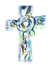 Load image into Gallery viewer, The Hope Cross is a freestanding acrylic block. This colorful cross has shades of blue, white, green and gold. It is a vertical abstract floral cross shelf sitter.