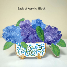 Load image into Gallery viewer, Modern botanical acrylic block with colorful hydrangea floral artwork created from Jeanne Player’s original painting.