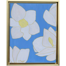 Load image into Gallery viewer, Magnolia is a pop art style floral painting on canvas. This painting has bold white flowers with yellow centers. The leaves are outlined in gold. There are four flowers on a blue background. This vertical painting comes in a gold float frame.