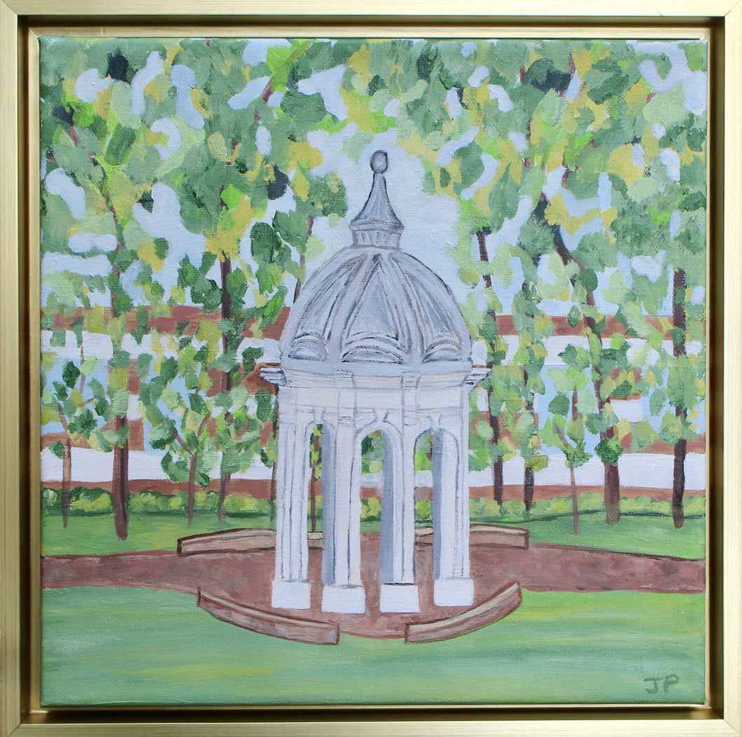 ECU Cupola is an original artwork on canvas. This square painting has shades of gray, brown, green, blue, white and yellow. It features the East Carolina University Cupola on a grassy quad with the brick pathway. In the background are trees and a university building. 