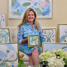 Load image into Gallery viewer, A collection of colorful, whimsical floral paintings by Jeanne Player. Elegant statement art featuring whimsical flowers in modern vases, modern botanical paintings.