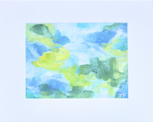 Load image into Gallery viewer, Inspire is an abstract painting on paper. this colorful abstract has shades of blue, green, teal, white and yellow. It can be hung either vertically or horizontally. it comes in a white mat.