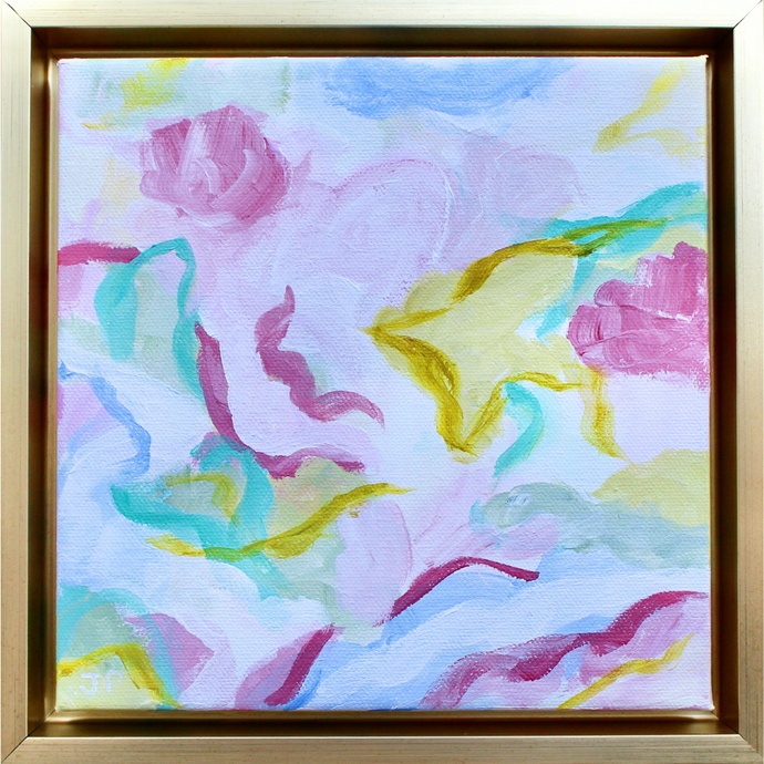 In the Garden II is an original colorful abstract painting on a gallery wrapped canvas. This small painting measuring 8 x 8 inches. It has bright and happy colors of pink, red, white, yellow, green, teal and purple.  This painting comes in a gold float frame.