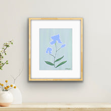 Load image into Gallery viewer, Vertical 11x14 inch giclée art print of a blue and purple iris silhouette with a green stem on a light green background, designed by Jeanne Player. This botanical at print would be stunning in a girls room, nursery, kitchen, living room, or dorm room. It is a abstract and maximalist art print on paper.