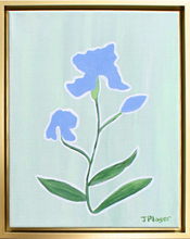 Load image into Gallery viewer, Iris is a preppy floral silhouette painting on canvas.This original work of art has shades of periwinkle, dark green with a white outline on a mint green background.